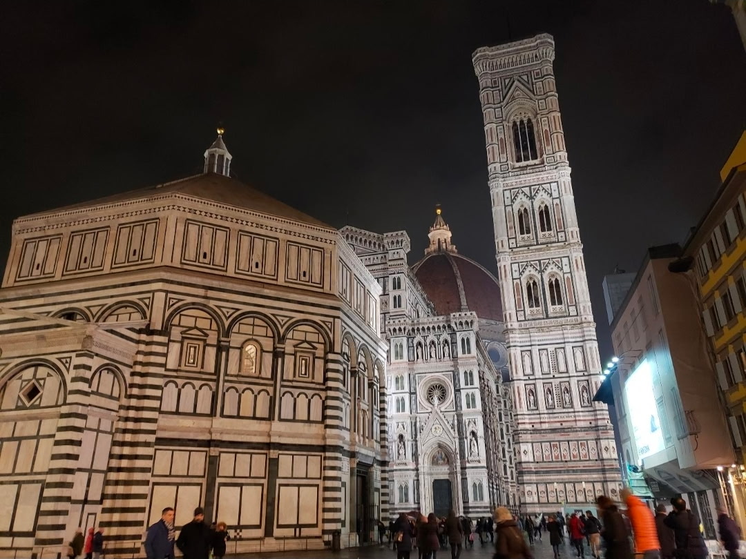 Florence's Baptistery, Duomo and campanile lit up after dark